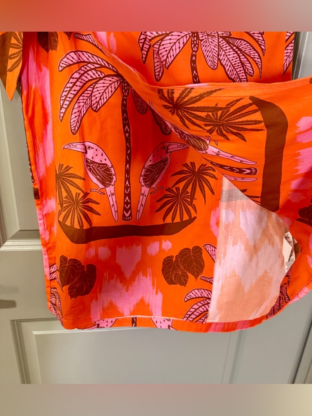 Culthera Grenadine Pareo Wrap Skirt Orange Pink Palm Toucan Ikat Print Cotton L - Picture 7 of 9